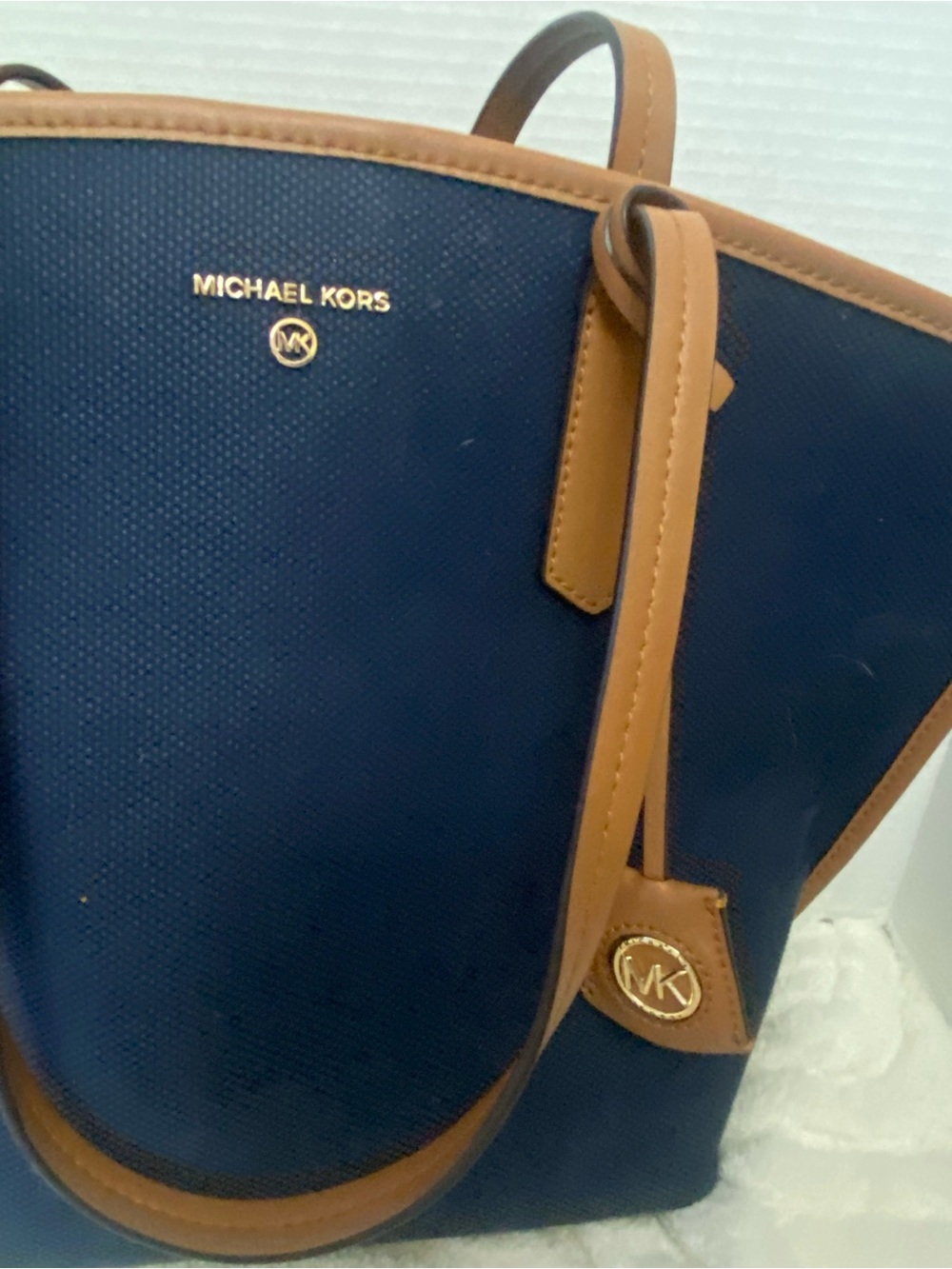 Michael Kors Jane Navy Canvas Tote with Tan Trim and Gold Hardware - Picture 2 of 9